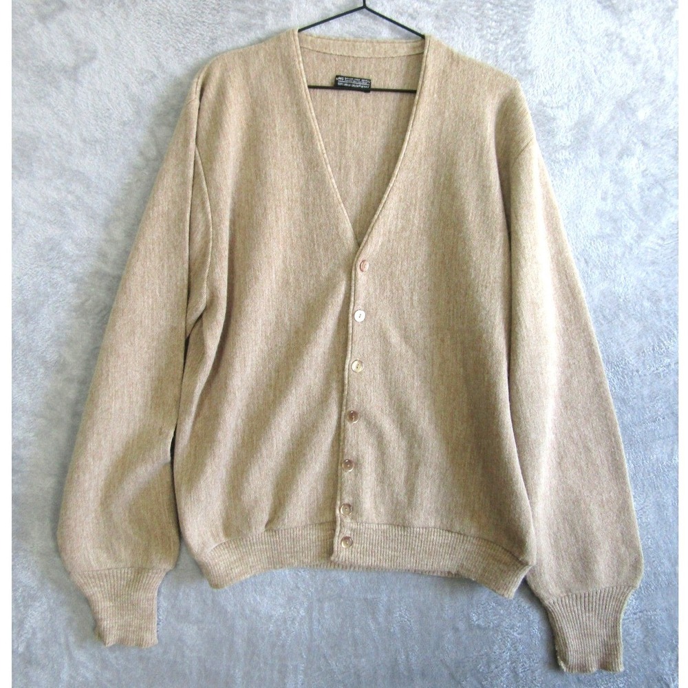 MG 100% Virgin Orlon Acrylic Tan V Neck Button Front Cardigan Sweater Mens XL